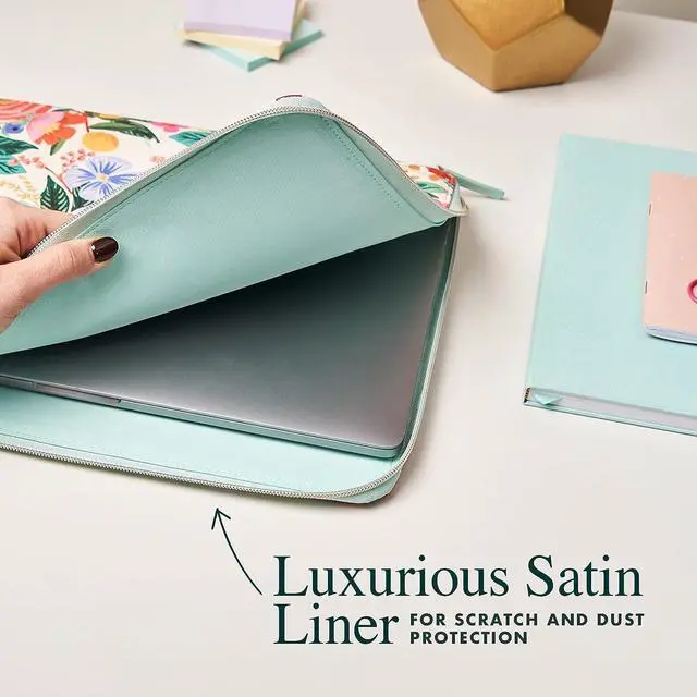 Alt view image 5 of 6 - Rifle Paper Co. Laptop Sleeve 17 - Laptop Carrying Case with Padded Exterior Satin Interior Metallic Zipper - Floral Laptop Bag For MacBook Pro/Air M2 13 inch HP Asus Dell - Garden Party Blush