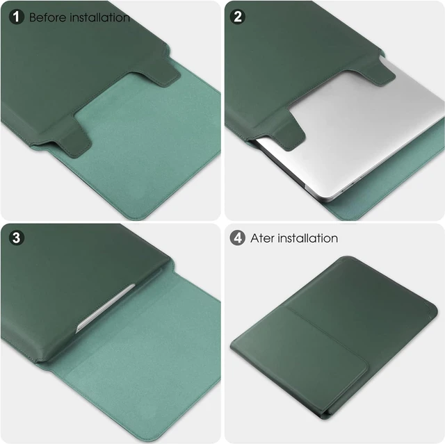 Alt view image 6 of 6 - 14 Inch Laptop Sleeve Case Leather Bag with Stand Compatible with Mac Book Pro 14 2021/ Vivobook 14/ Pavilion X360/IdeaPad 14/ Matebook 14 PC Green