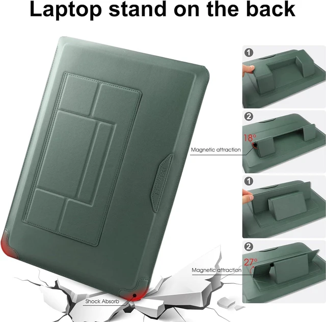 Alt view image 4 of 6 - 14 Inch Laptop Sleeve Case Leather Bag with Stand Compatible with Mac Book Pro 14 2021/ Vivobook 14/ Pavilion X360/IdeaPad 14/ Matebook 14 PC Green