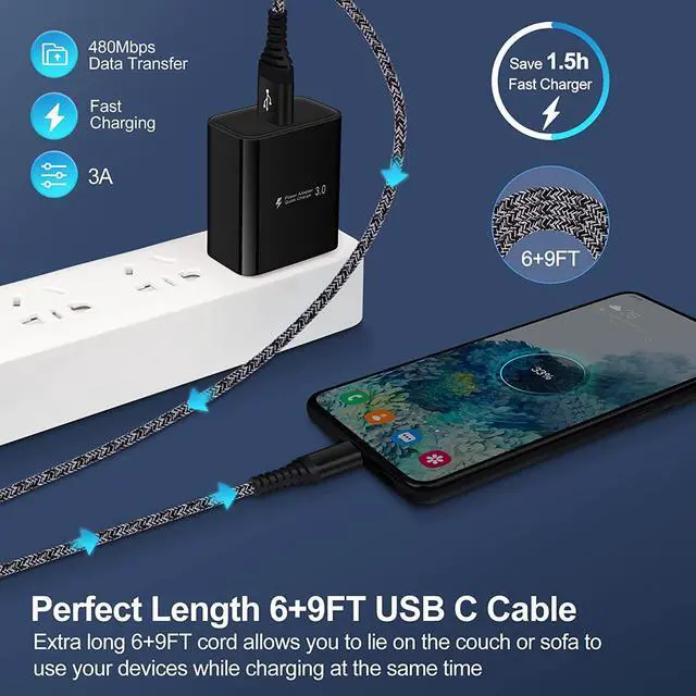 Alt view image 3 of 7 - Android Charger, 3A Power Adapter Phone Fast Charging Box Plug Cube, 6FT 9FT Type C Cable Cords for Motorola Moto Edge 5G UW,One 5g Ace,G Pure,G Stylus 2024,G Power 2023 2022 2021 Edge 50 30 Ultra Z4
