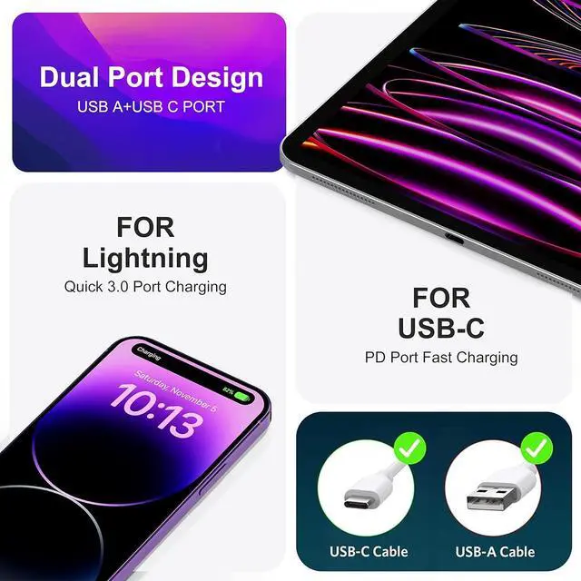 Alt view image 4 of 6 - 3 Pack USB C Wall Charger 20W Durable Dual Port QC+PD 3.0 Power Adapter Double Fast Plug Charging Block for iPhone 14/14 Pro/13/15/15 Pro/Pro Max/Plus XS/XR/X Watch Series 8/7 CubeWhite