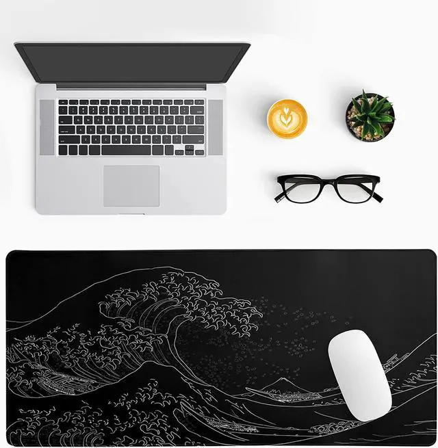Alt view image 3 of 6 - Japanese Sea Wave Large Mouse Pad Anime Black Gaming Extended Kanagawa Mat Desk Pad 3mm Thick Long Non-Slip Rubber Base Mice Pad 31.5 X 11.8 Inch
