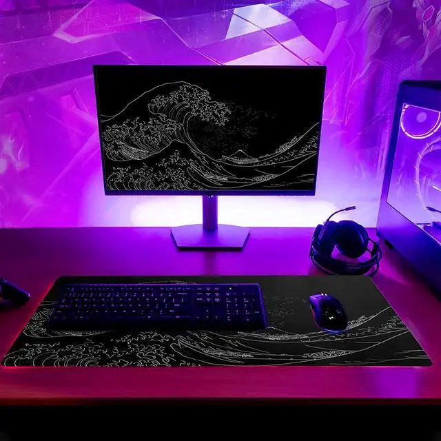Alt view image 6 of 6 - Japanese Sea Wave Large Mouse Pad Anime Black Gaming Extended Kanagawa Mat Desk Pad 3mm Thick Long Non-Slip Rubber Base Mice Pad 31.5 X 11.8 Inch