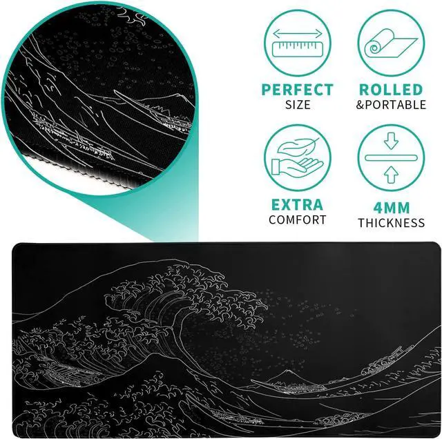 Alt view image 6 of 7 - Japanese Sea Wave Large Mouse Pad Anime Black Gaming Extended Kanagawa Mat Desk Pad 3mm Thick Long Non-Slip Rubber Base Mice Pad 31.5 X 11.8 Inch