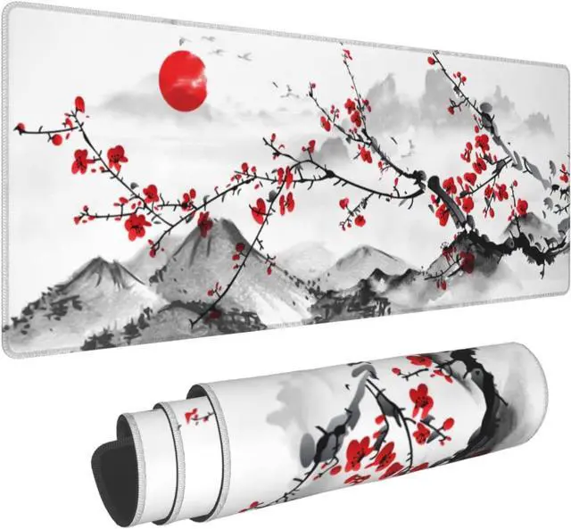 Main image of Watercolor Cherry Blossom Mouse Pad 31.5x11.8 Inch Pink Full Desk Japanese Sakura Mousepad Extended Large Non-Slip Rubber Base Waterproof Big Keyboard Mat with Stitched Edges for Gaming and Office