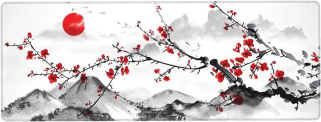 Alt view image 2 of 7 - Watercolor Cherry Blossom Mouse Pad 31.5x11.8 Inch Pink Full Desk Japanese Sakura Mousepad Extended Large Non-Slip Rubber Base Waterproof Big Keyboard Mat with Stitched Edges for Gaming and Office