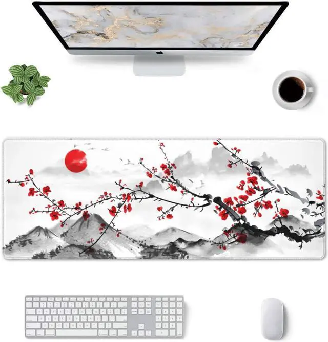 Alt view image 3 of 7 - Watercolor Cherry Blossom Mouse Pad 31.5x11.8 Inch Pink Full Desk Japanese Sakura Mousepad Extended Large Non-Slip Rubber Base Waterproof Big Keyboard Mat with Stitched Edges for Gaming and Office