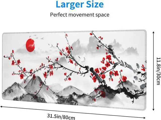 Alt view image 4 of 7 - Watercolor Cherry Blossom Mouse Pad 31.5x11.8 Inch Pink Full Desk Japanese Sakura Mousepad Extended Large Non-Slip Rubber Base Waterproof Big Keyboard Mat with Stitched Edges for Gaming and Office