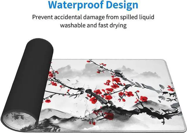 Alt view image 5 of 7 - Watercolor Cherry Blossom Mouse Pad 31.5x11.8 Inch Pink Full Desk Japanese Sakura Mousepad Extended Large Non-Slip Rubber Base Waterproof Big Keyboard Mat with Stitched Edges for Gaming and Office