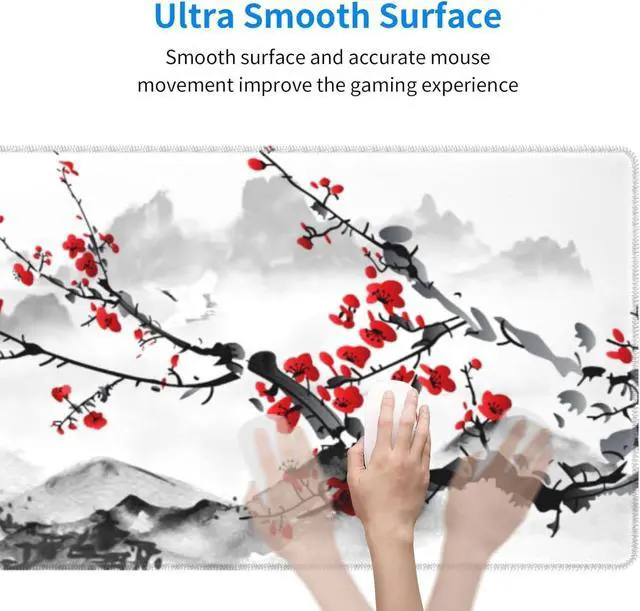 Alt view image 6 of 7 - Watercolor Cherry Blossom Mouse Pad 31.5x11.8 Inch Pink Full Desk Japanese Sakura Mousepad Extended Large Non-Slip Rubber Base Waterproof Big Keyboard Mat with Stitched Edges for Gaming and Office