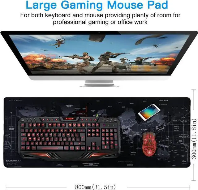 Alt view image 2 of 7 - Gaming Mouse Pad, Large Mouse Pad Size 31.5x11.8 Thickness 0.1inches,Premium-Textured Non-Slip & Waterproof Computer Mousepad with Stitched Edges for Gaming, Office & Home-80x30 Map002