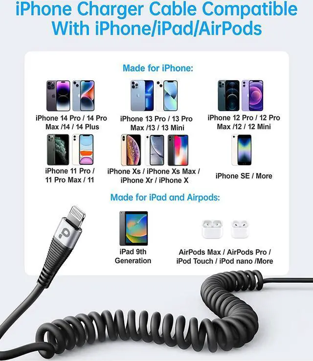 Alt view image 6 of 6 - Coiled iPhone Charger Cable for Car Lightning Cable 2 Pack 5ft [Apple MFi Certified] Short iPhone Charger Cord Compatible with iPhone 14/13/12/11 Pro Max/XR/8/iPad/CarPlay