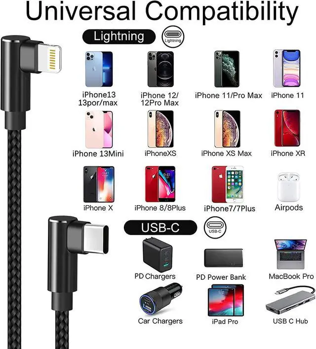 Alt view image 6 of 7 - USB C to Lightning Cable 3ft MFi Certified 3 Pack 90 Degree iPhone Charger Nylon Braided Right Angle Lightning to USB C PD Fast Charging Cable for iPhone 13 12 11 Pro X XS XR 8 Plus 7 6 5(Black)
