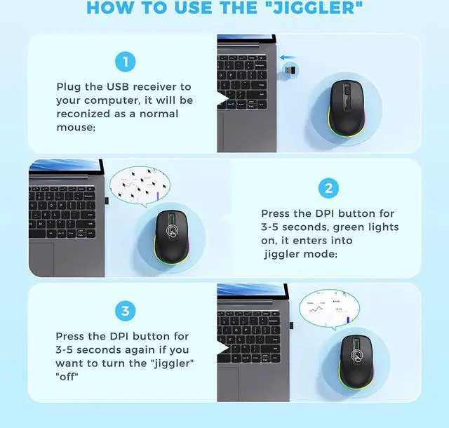 Alt view image 2 of 7 - PEIOUS Wireless Mouse with LED - Rechargeable Moving Mouse Jiggler Keeps Computer Awake - Black
