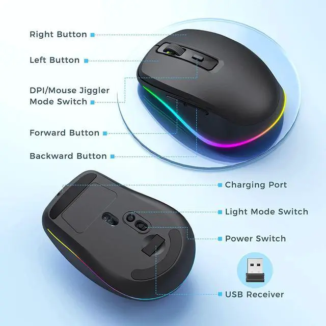 Alt view image 6 of 7 - PEIOUS Wireless Mouse with LED - Rechargeable Moving Mouse Jiggler Keeps Computer Awake - Black