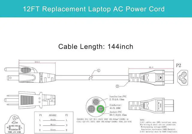 Alt view image 5 of 7 - 12FT Replacement Laptop AC Power Cord - Universal 3Prong Replacement Computer Power Cable 18AWG Heavy Duty Cord NEMA 5-15P to C5 Replaced 3-Slot C5 Cord Power Supply to PC (12FT)