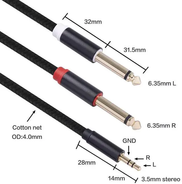 Alt view image 2 of 7 - 3.5mm to Dual 1/4 Adapter 1/8 to 6.35mm TS Mono Audio Cable Stereo Breakout Cord Y Splitter Compatible with iPhone iPod Computer Sound Card Headphone Speaker Home Stereo System (3.3FT/1Pack)