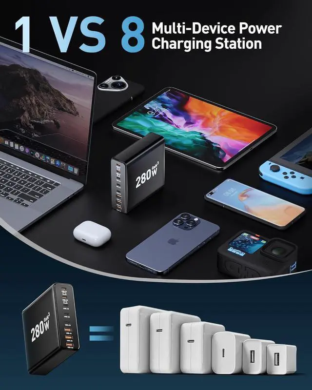 Alt view image 5 of 6 - 280W USB C Charger Block 8-Port USB C Charging Station GaN III PD 65W Laptop Charger Adapter Compatible with MacBookPro/Air DELL iPad Portable Charging Station for iPhone  Galaxy (Black)