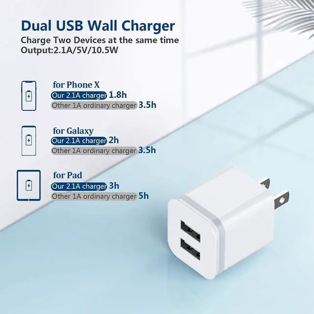 Alt view image 2 of 7 - USB Wall Charger, 5-Pack 2.1A/5V Dual Port USB Cube Power Adapter Charger Plug Charging Block Replacement for iPhone Xs/XR/X, 8/7/6 Plus, Samsung, HTC, LG, Moto, Android Phones