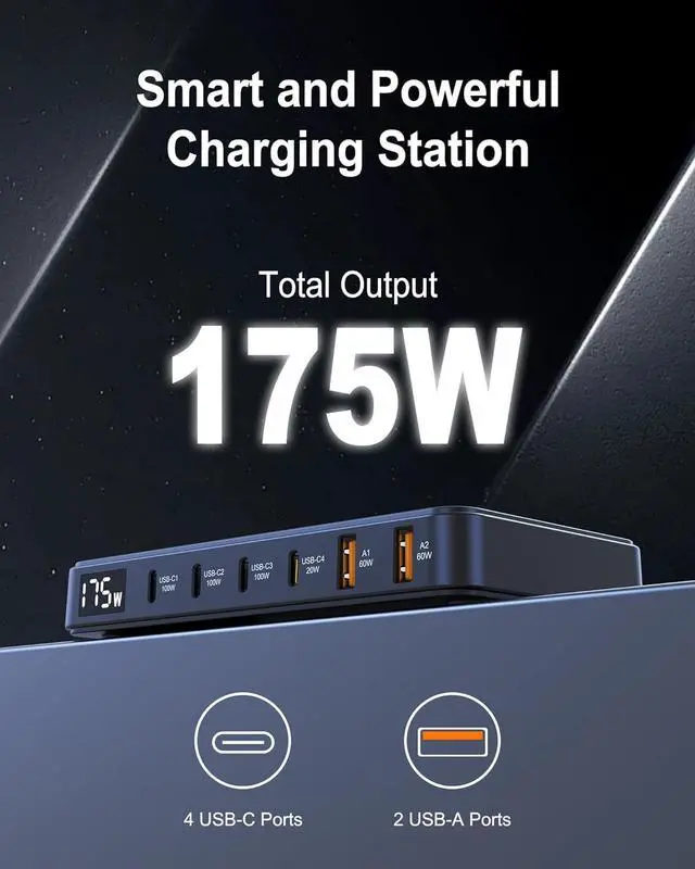Alt view image 2 of 7 - 175W USB-C Charger Ultra-Thin 6 Ports GaN Fast Charging Station PPS PD 100W Laptop Charger Adapter LCD Display Compatible with MacBook Pro/Air iPhone 15/14/13 Pixel Galaxy and More