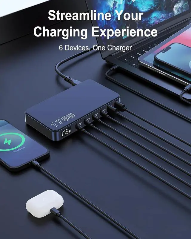 Alt view image 3 of 7 - 175W USB-C Charger Ultra-Thin 6 Ports GaN Fast Charging Station PPS PD 100W Laptop Charger Adapter LCD Display Compatible with MacBook Pro/Air iPhone 15/14/13 Pixel Galaxy and More