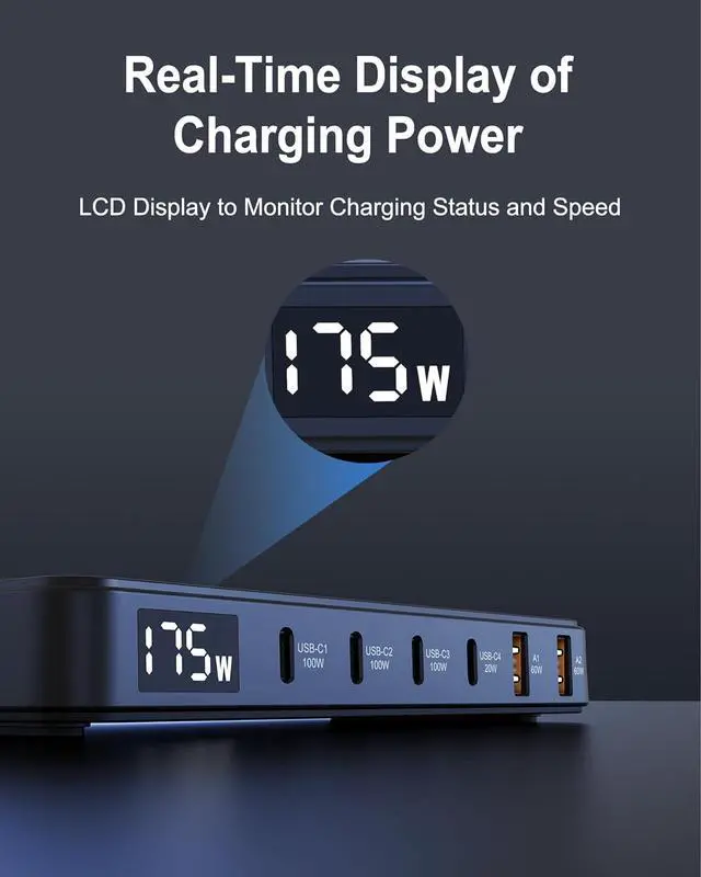 Alt view image 5 of 7 - 175W USB-C Charger Ultra-Thin 6 Ports GaN Fast Charging Station PPS PD 100W Laptop Charger Adapter LCD Display Compatible with MacBook Pro/Air iPhone 15/14/13 Pixel Galaxy and More