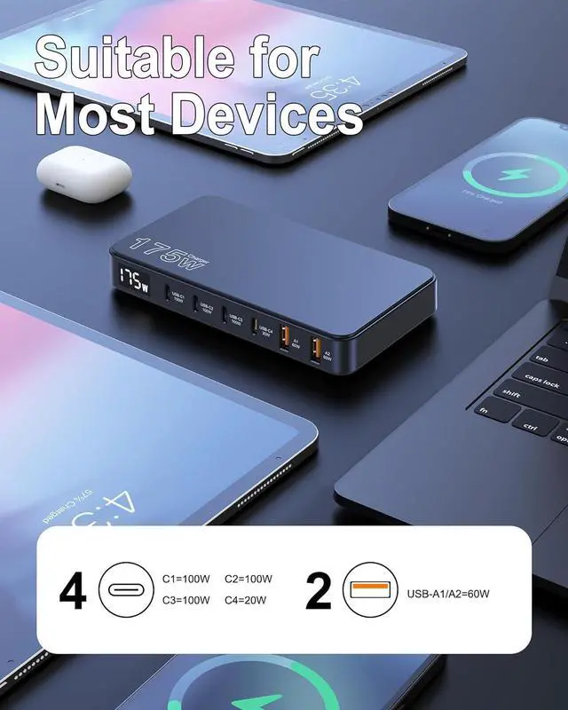 Alt view image 6 of 7 - 175W USB-C Charger Ultra-Thin 6 Ports GaN Fast Charging Station PPS PD 100W Laptop Charger Adapter LCD Display Compatible with MacBook Pro/Air iPhone 15/14/13 Pixel Galaxy and More