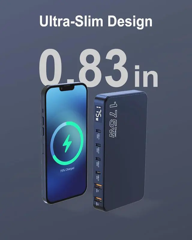 Alt view image 7 of 7 - 175W USB-C Charger Ultra-Thin 6 Ports GaN Fast Charging Station PPS PD 100W Laptop Charger Adapter LCD Display Compatible with MacBook Pro/Air iPhone 15/14/13 Pixel Galaxy and More