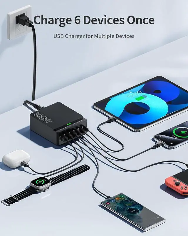 Alt view image 2 of 7 - USB C Charger Block Charging Station: 100W 6 Port GaN Fast Charging Brick Hub Cube Box - PD 3.0 Type C & USB A Wall Charger Power Adapter for All iPhone iPad  Android Pixel Series