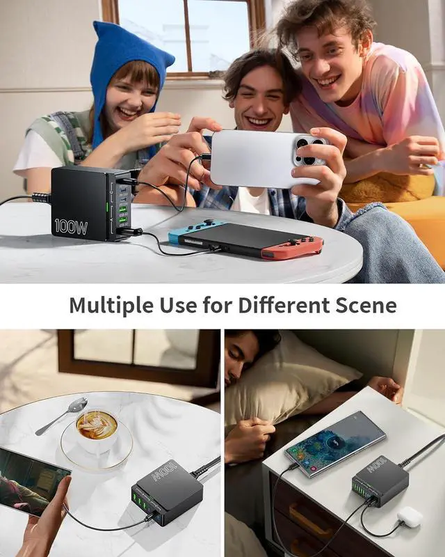 Alt view image 7 of 7 - USB C Charger Block Charging Station: 100W 6 Port GaN Fast Charging Brick Hub Cube Box - PD 3.0 Type C & USB A Wall Charger Power Adapter for All iPhone iPad  Android Pixel Series