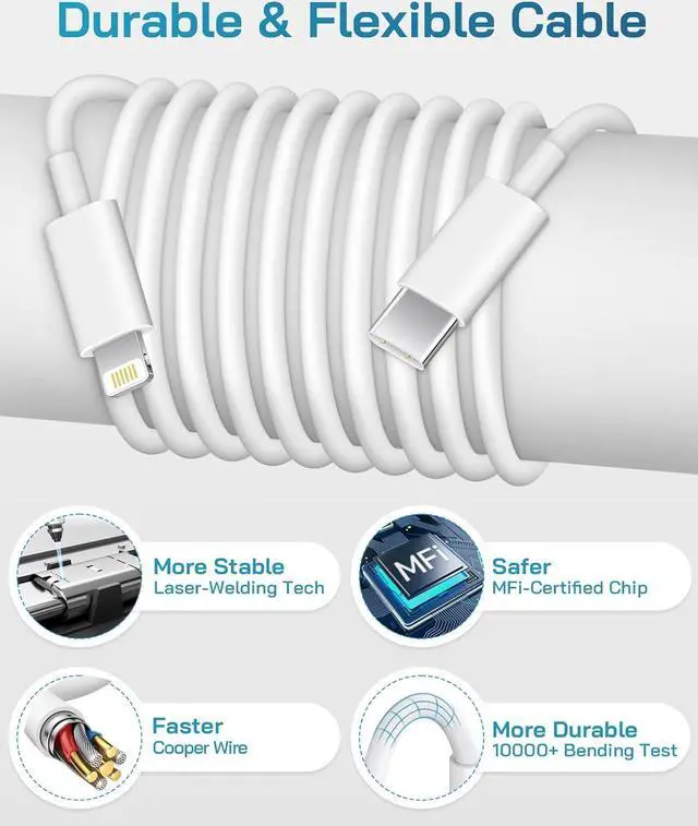 Alt view image 3 of 7 - i Phone Charger Fast Charging-20W USB-C Block with 6 Ft Cord [MFi Certified] Compatible with IP 14/13/12/11/X Series, i Pad & More [3 Pack]