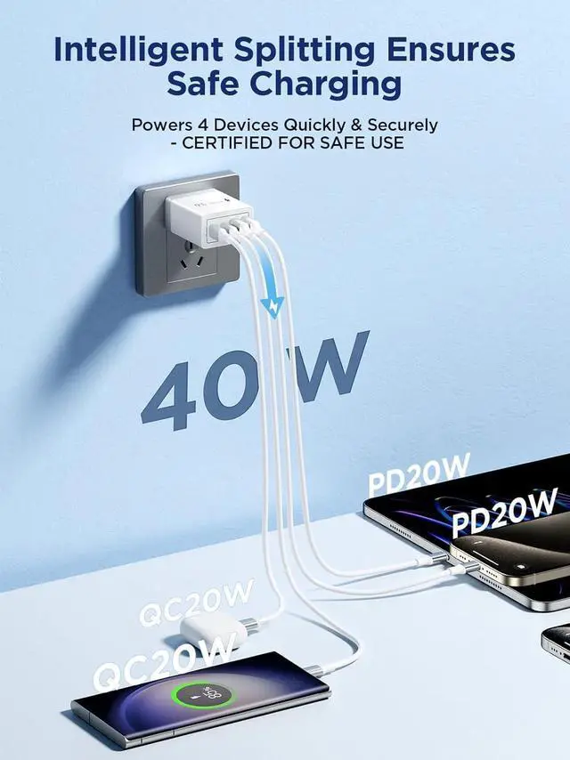Alt view image 2 of 7 - USB C Charger Block 40W Fast Charging Block Type C Charging Block 4-Port Dual Port PD+QC Wall Charger Head Cube for iPhone 16 15 14 13 12 11 Pro Max XS iPad  Phone Tablet