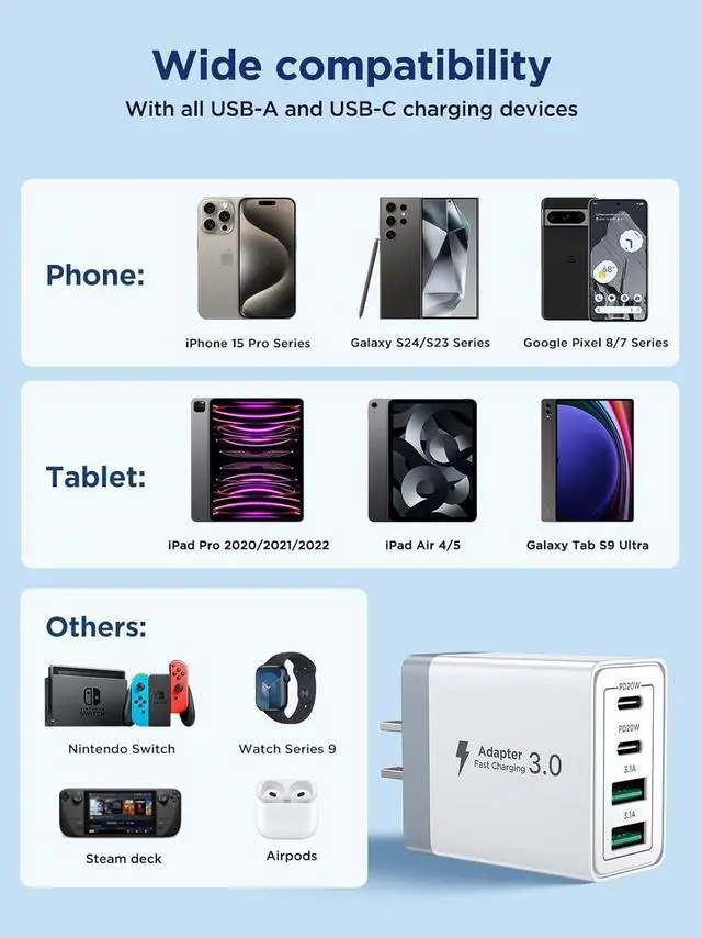 Alt view image 6 of 7 - USB C Charger Block 40W Fast Charging Block Type C Charging Block 4-Port Dual Port PD+QC Wall Charger Head Cube for iPhone 16 15 14 13 12 11 Pro Max XS iPad  Phone Tablet