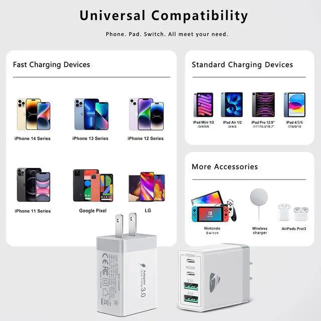Alt view image 6 of 7 - [2-Pack] USB C Wall Charger 40W Fast USB C Charger Block 4-Port PD Power Adapter + QC Wall Plug Multiport Type C Charging Block Cube Compatible with iPhone 16 15 14 13 12 11 Pro Max XR XS 8