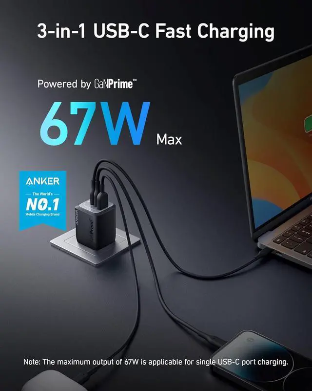 Alt view image 2 of 6 - Prime 67W USB C Charger GaN 3-Port Compact Fast PPS Wall Charger for MacBook Pro/Air Pixelbook iPad Pro iPhone 16/15/Pro Galaxy S25/S24 Note20 Pixel  Watch