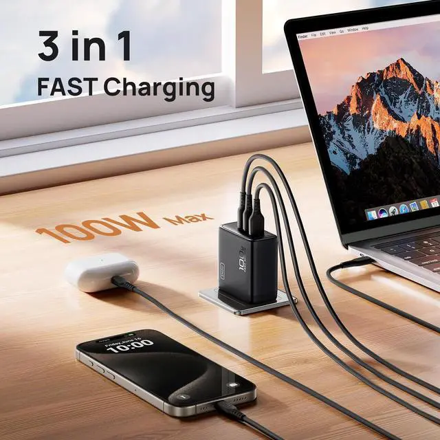 Alt view image 2 of 7 - USB C Charger 3-Port 100W GaN Charger Compact Foldable PD PPS USB C Wall Charger Block for MacBook Pro/Air iPad Pro Galaxy S23  XPS 13 Note 20/10+ iPhone 16/15 Steam Deck