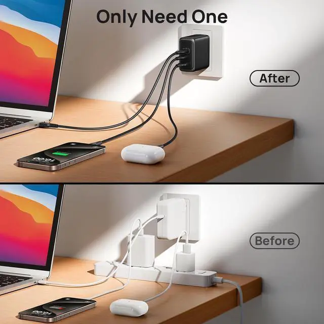 Alt view image 3 of 7 - USB C Charger 3-Port 100W GaN Charger Compact Foldable PD PPS USB C Wall Charger Block for MacBook Pro/Air iPad Pro Galaxy S23  XPS 13 Note 20/10+ iPhone 16/15 Steam Deck