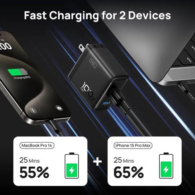 Alt view image 4 of 7 - USB C Charger 3-Port 100W GaN Charger Compact Foldable PD PPS USB C Wall Charger Block for MacBook Pro/Air iPad Pro Galaxy S23  XPS 13 Note 20/10+ iPhone 16/15 Steam Deck