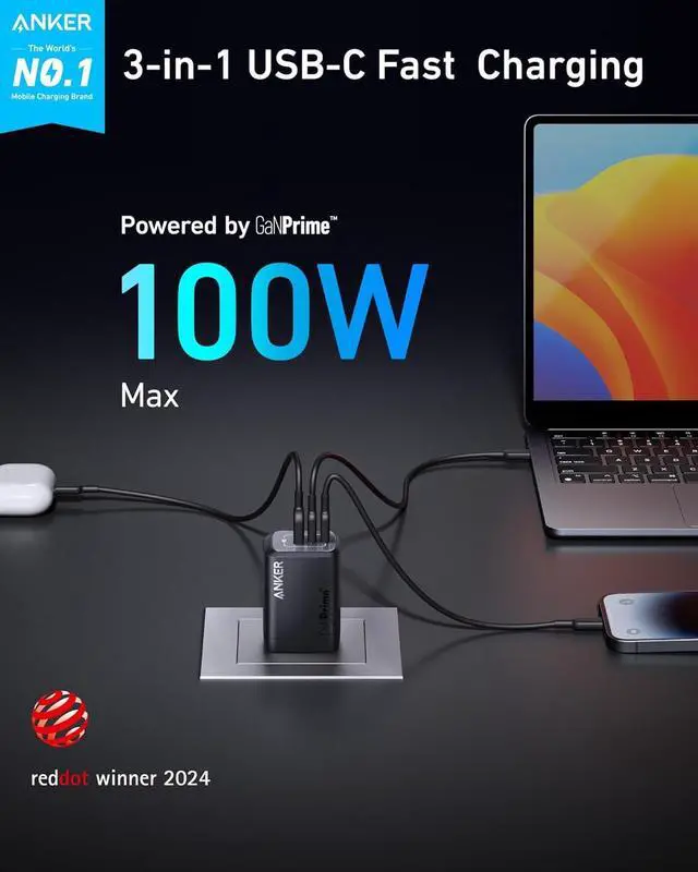 Alt view image 2 of 6 - Prime 100W USB C Charger GaN Wall Charger 3-Port Compact Fast PPS Charger for MacBook Pro/Air Pixelbook iPad Pro iPhone 16/Pro Galaxy S23/S22 Note20 Pixel Apple Watch and More