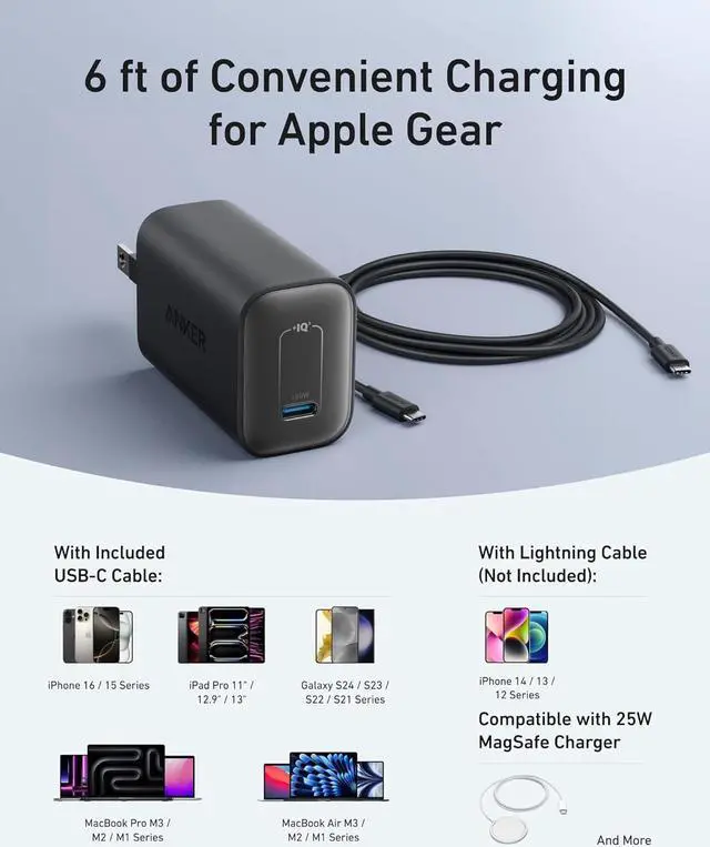 Alt view image 6 of 6 - Nano Charger 100W Foldable Type C Charger for iPhone Series and All USB C Devices 6FT USB-C Cable Included Compatible with MagSafe
