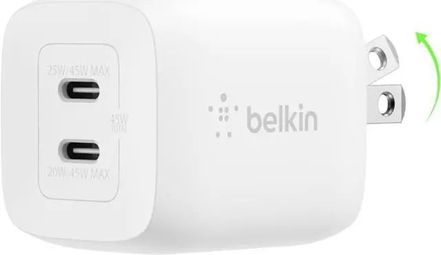 Main image of Belkin 45W Dual USB-C Wall Charger, Fast Charging Power Delivery 3.0 w/GaN Technology for iPhone 16, 15, 14, 13, Pro, Pro Max, iPad, MacBook, Galaxy S25, Nintendo Switch 2 & More - White