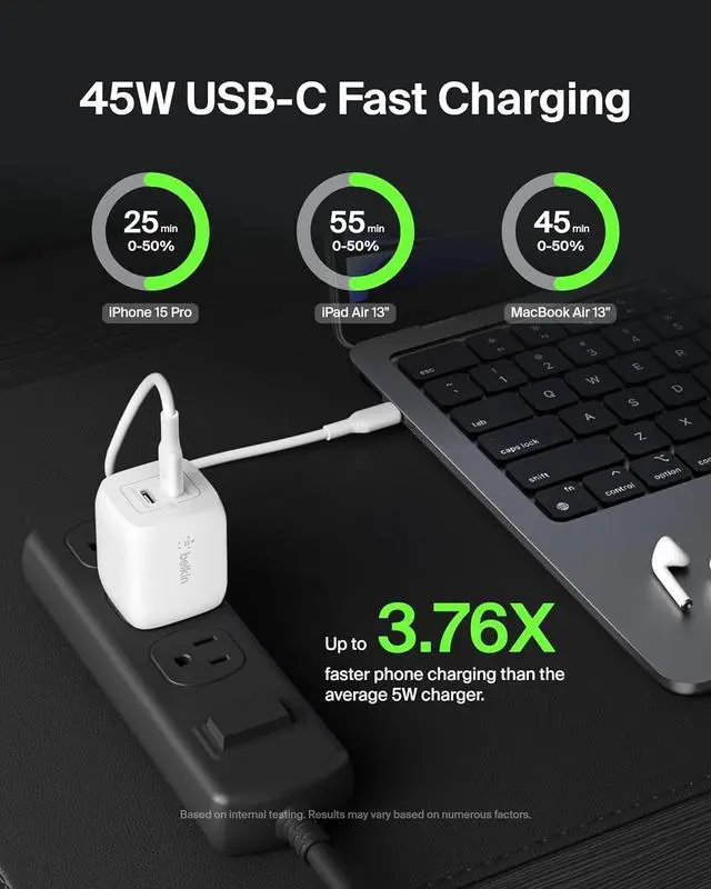 Alt view image 2 of 7 - Belkin 45W Dual USB-C Wall Charger, Fast Charging Power Delivery 3.0 w/GaN Technology for iPhone 16, 15, 14, 13, Pro, Pro Max, iPad, MacBook, Galaxy S25, Nintendo Switch 2 & More - White