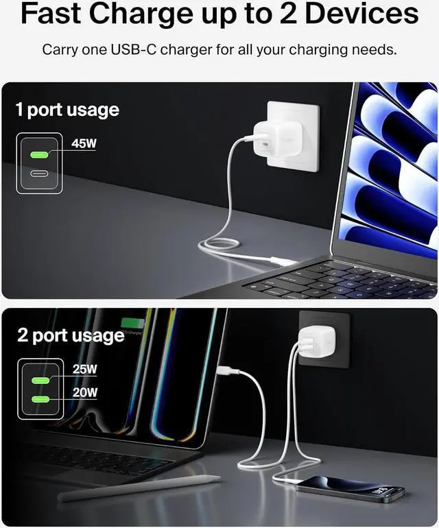 Alt view image 3 of 7 - Belkin 45W Dual USB-C Wall Charger, Fast Charging Power Delivery 3.0 w/GaN Technology for iPhone 16, 15, 14, 13, Pro, Pro Max, iPad, MacBook, Galaxy S25, Nintendo Switch 2 & More - White