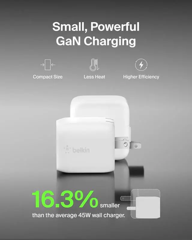 Alt view image 4 of 7 - Belkin 45W Dual USB-C Wall Charger, Fast Charging Power Delivery 3.0 w/GaN Technology for iPhone 16, 15, 14, 13, Pro, Pro Max, iPad, MacBook, Galaxy S25, Nintendo Switch 2 & More - White