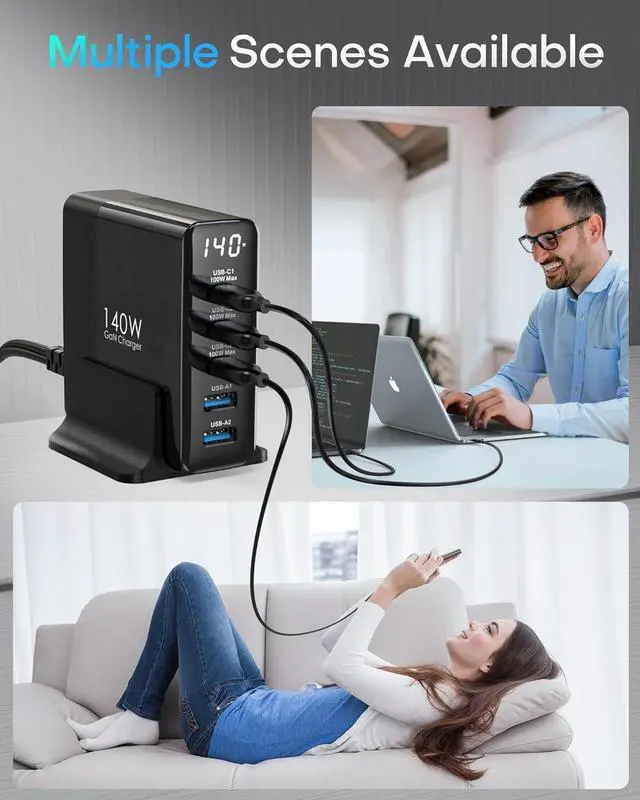 Alt view image 5 of 7 - 140W USB C Charging Station with Display, 5-Port GaN USBC Charger Block, Max 100W USB Hub Laptop Charger Compatible with MacBook Pro/Air,iPhone 15/14/13/Mini/Pro/Pro Max/Samsung Galaxy, Black