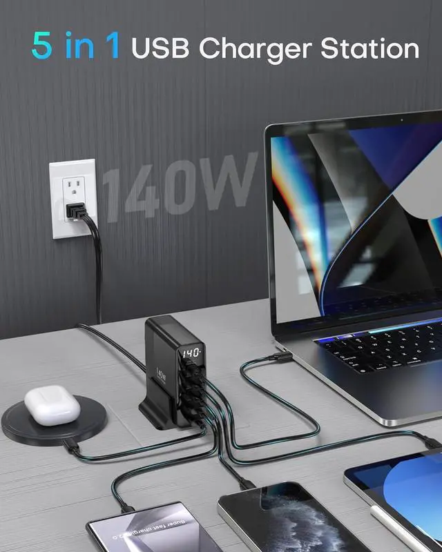 Alt view image 2 of 7 - 140W USB C Charging Station with Display, 5-Port GaN USBC Charger Block, Max 100W USB Hub Laptop Charger Compatible with MacBook Pro/Air,iPhone 15/14/13/Mini/Pro/Pro Max/Samsung Galaxy, Black