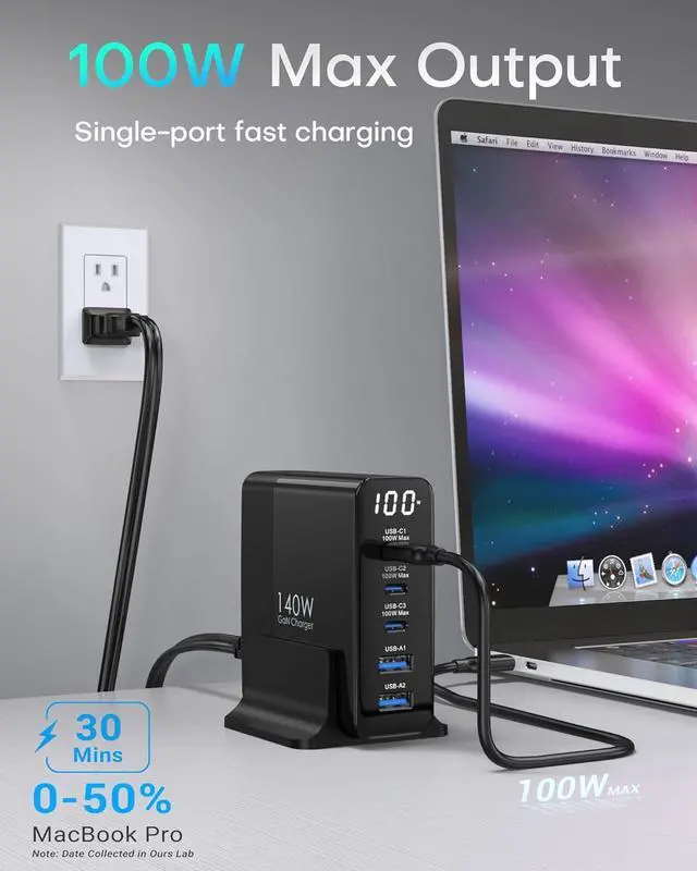 Alt view image 3 of 7 - 140W USB C Charging Station with Display, 5-Port GaN USBC Charger Block, Max 100W USB Hub Laptop Charger Compatible with MacBook Pro/Air,iPhone 15/14/13/Mini/Pro/Pro Max/Samsung Galaxy, Black