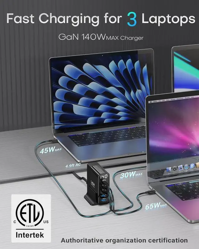 Alt view image 4 of 7 - 140W USB C Charging Station with Display, 5-Port GaN USBC Charger Block, Max 100W USB Hub Laptop Charger Compatible with MacBook Pro/Air,iPhone 15/14/13/Mini/Pro/Pro Max/Samsung Galaxy, Black