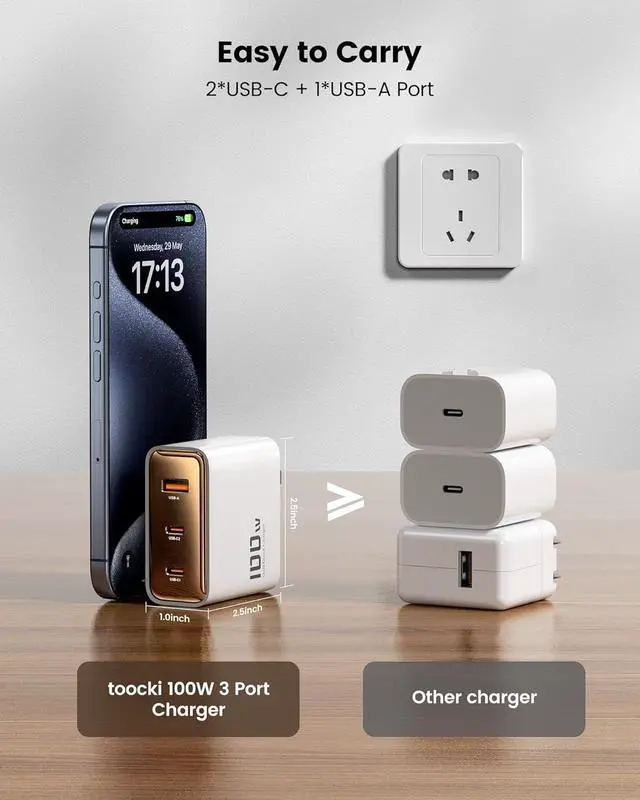 Alt view image 3 of 7 - 100W USB C Charger Block 3-Port GaN Type C Charger Laptop Fast Charging Station for MacBook Pro 16  XPS iPad Pro Tablet Chromebook iPhone 16/15/14  Galaxy S24/S23 Ultra
