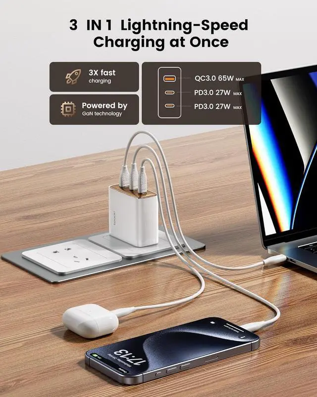 Alt view image 4 of 7 - 100W USB C Charger Block 3-Port GaN Type C Charger Laptop Fast Charging Station for MacBook Pro 16  XPS iPad Pro Tablet Chromebook iPhone 16/15/14  Galaxy S24/S23 Ultra